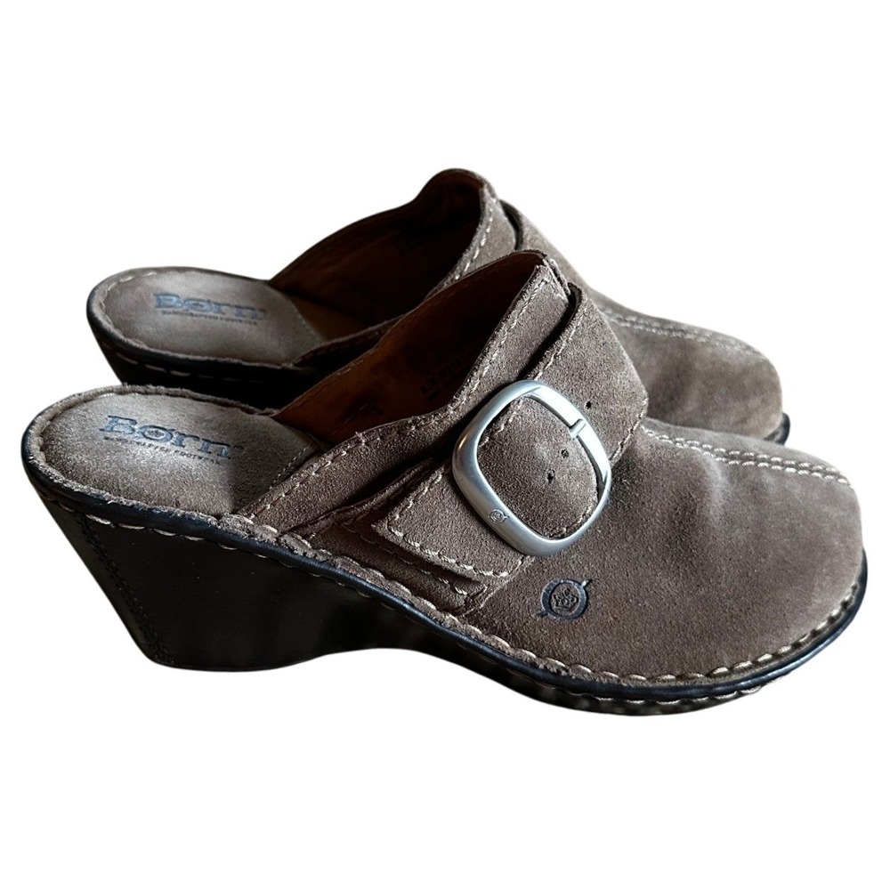 Born Taupe Suede Buckle Wedge Clogs Women's 8